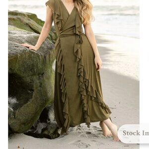 Joyfolie Olive Ruffle Maxi Dress